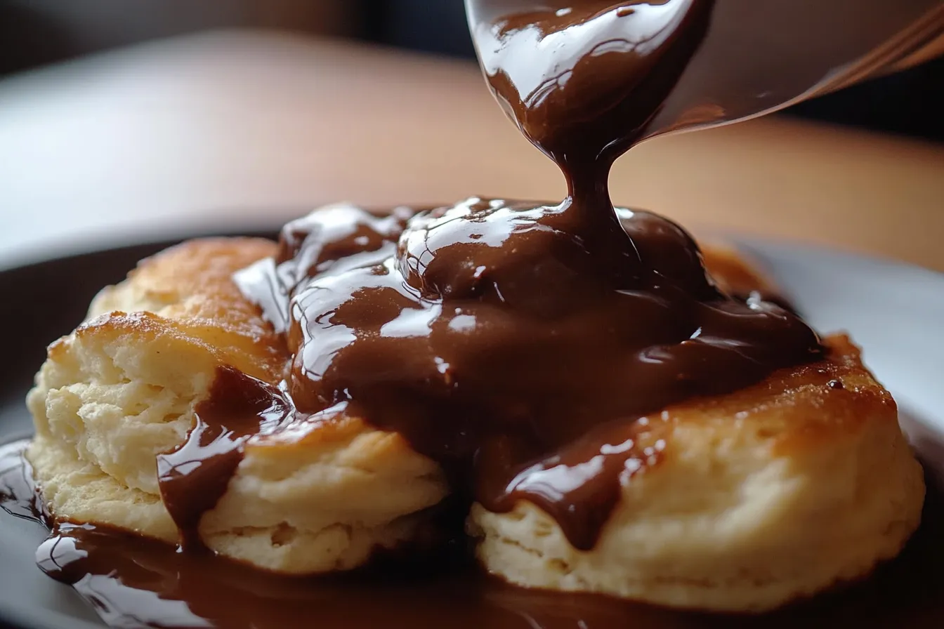 A close-up of freshly made chocolate gravy recipe poured over warm biscuits