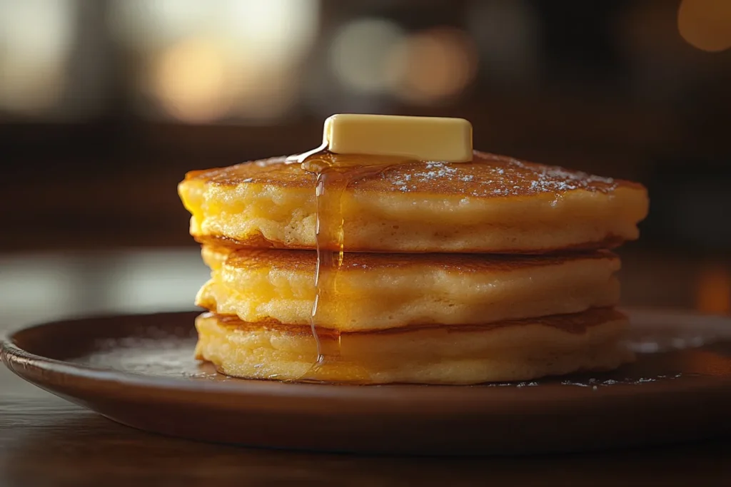 A stack of golden Bisquick pancakes topped with butter and syrup