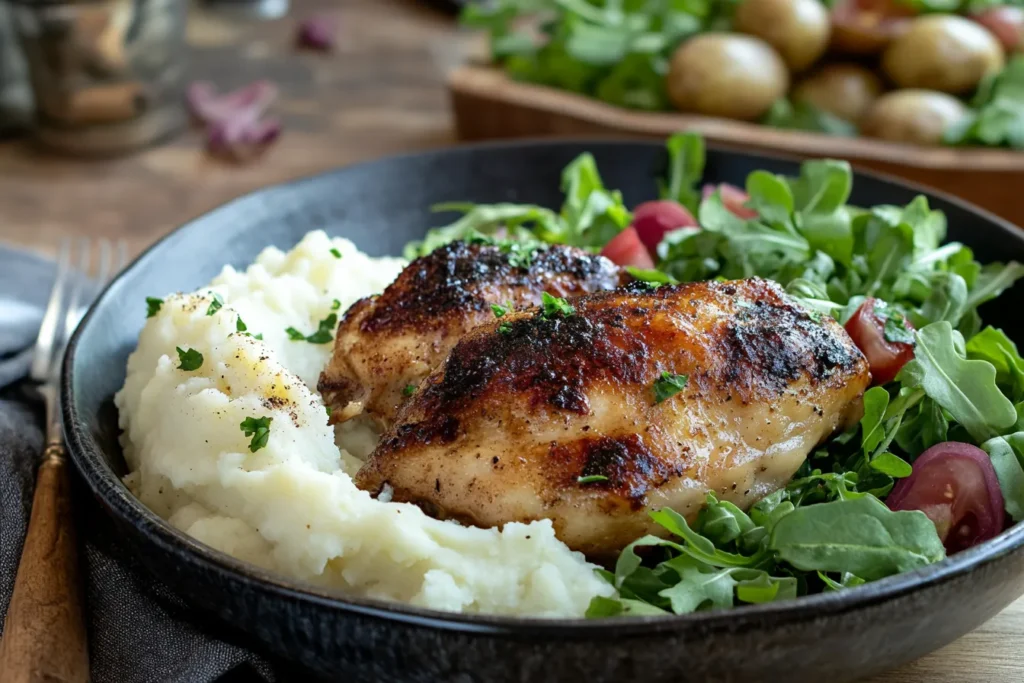 Alice Springs Chicken in plate, mashed potatoes and salad on the side.