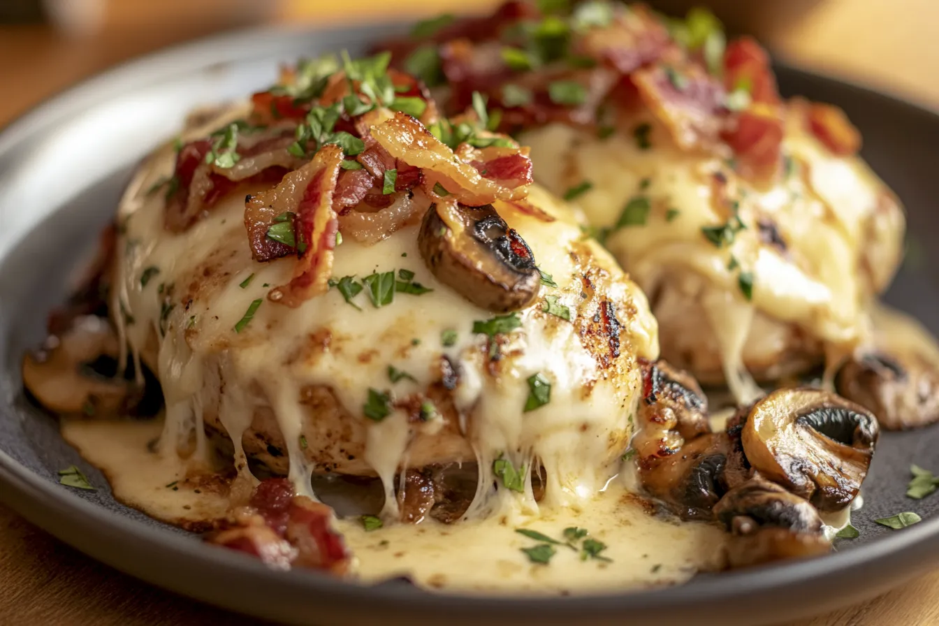 Alice Springs Chicken topped with melted cheese, mushrooms, and turkey bacon