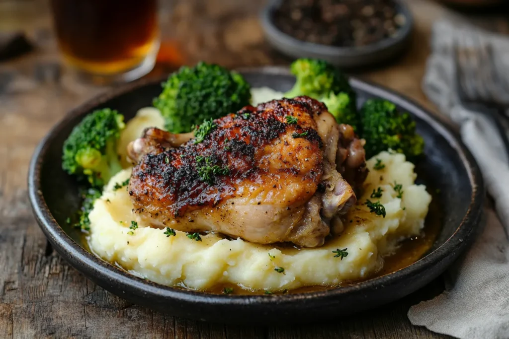 Alice Springs Chicken with mashed potatoes and roasted broccoli