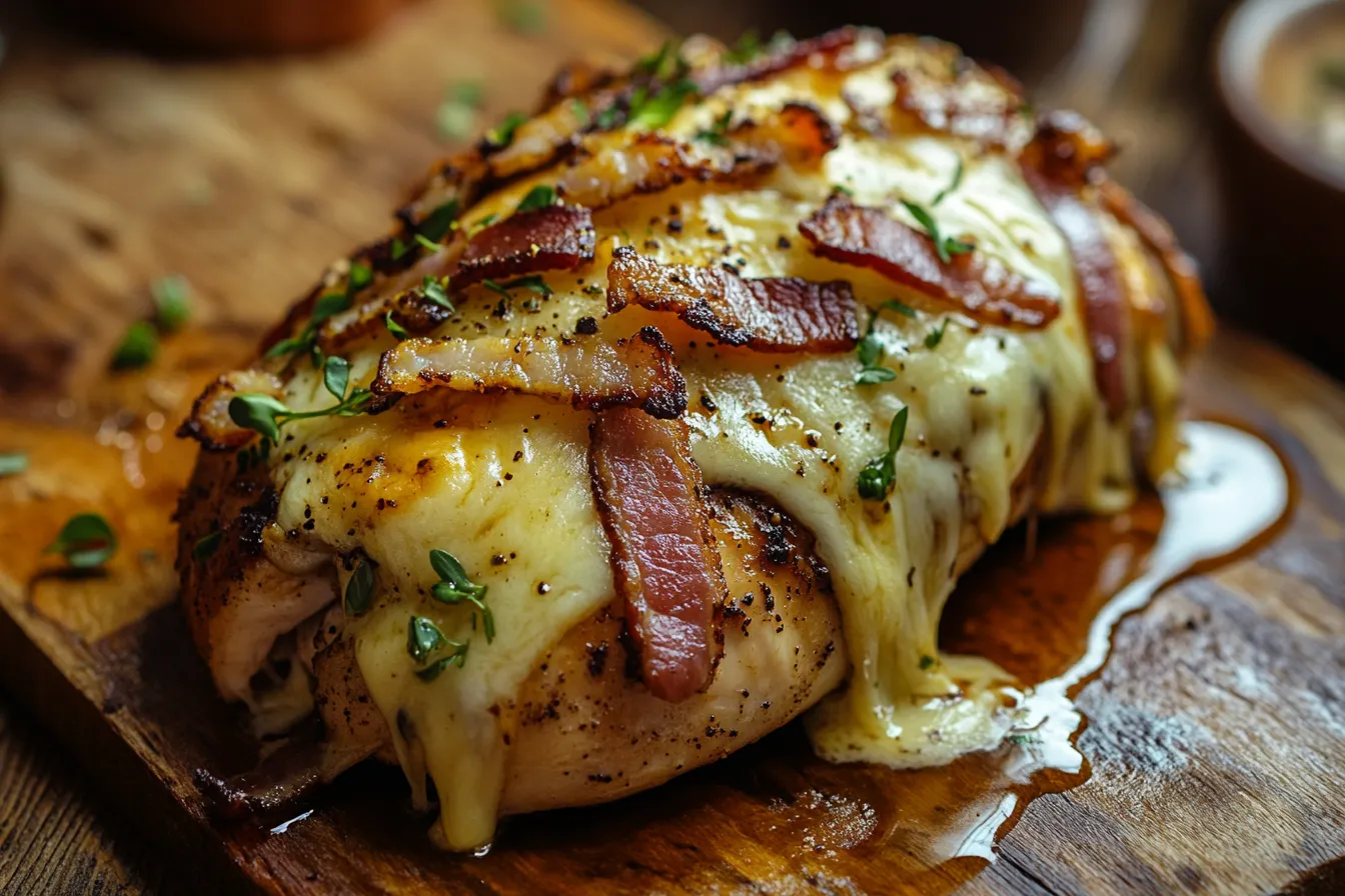 Alice Springs Chicken with melted cheese and turkey bacon