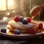 Bisquick pancakes with fresh berries, powdered sugar, and honey