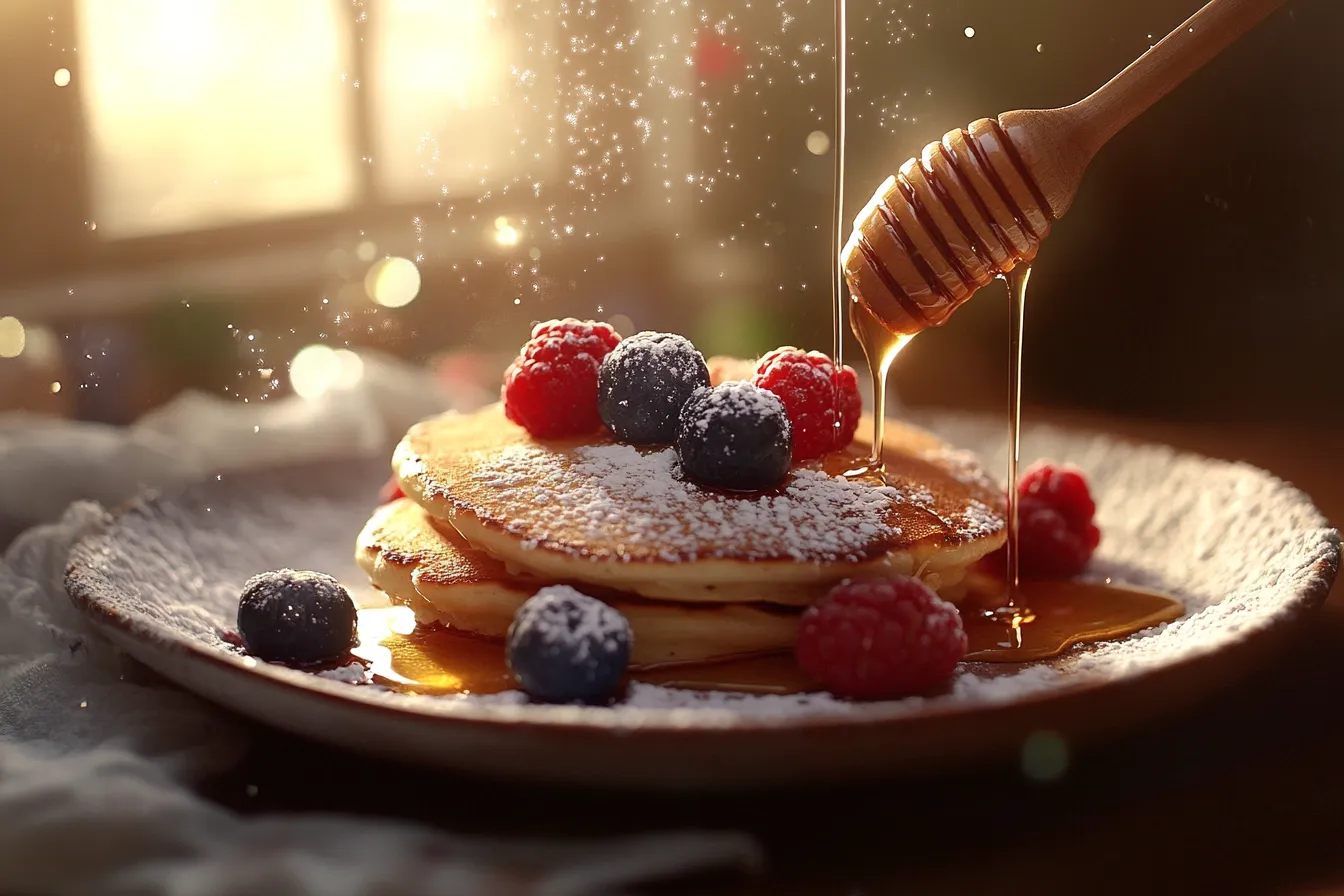 Bisquick pancakes with fresh berries, powdered sugar, and honey