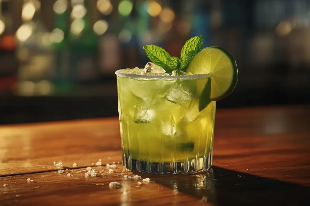 Caipirinha cocktail with lime and mint on a wooden counter