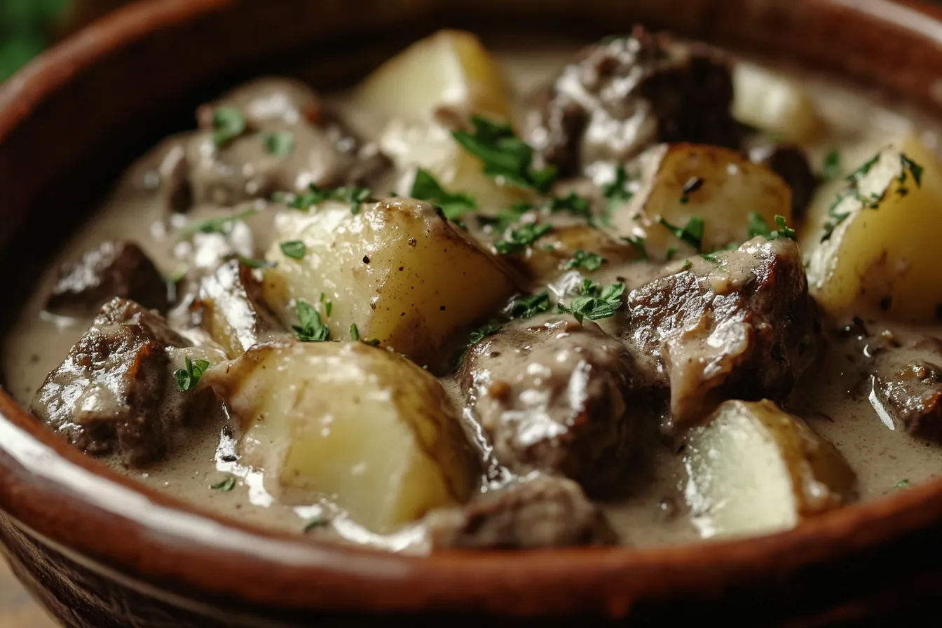 Chipped beef flour dumplings potatoes recipe in a creamy sauce, served in a rustic bowl