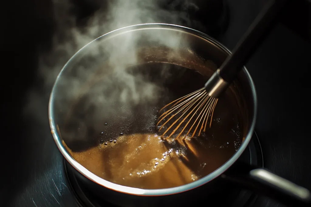 Chocolate gravy recipe being whisked in a saucepan on the stove