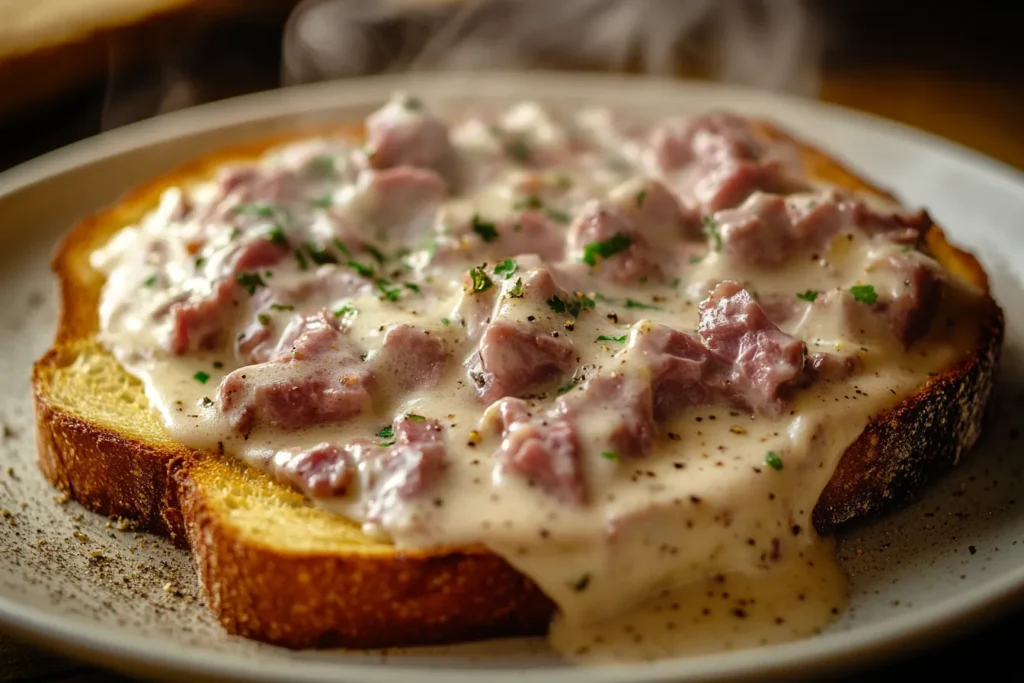 Creamed chipped beef on Texas toast, steaming hot