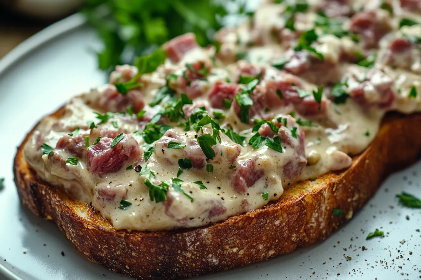 Creamed chipped beef on sourdough toast with parsley