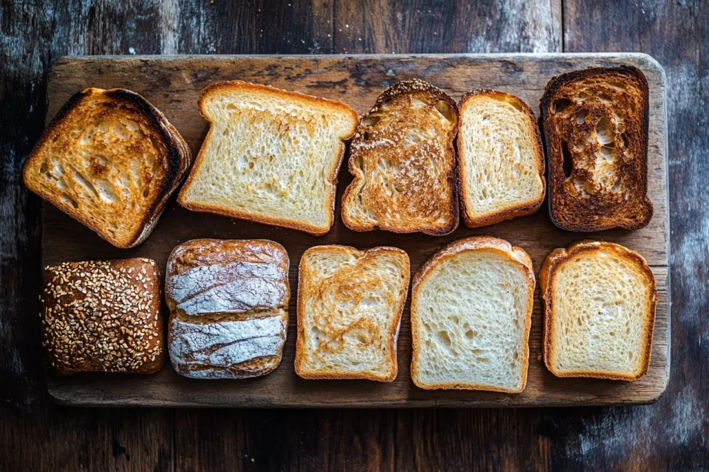 Different types of toasted bread on a wooden board