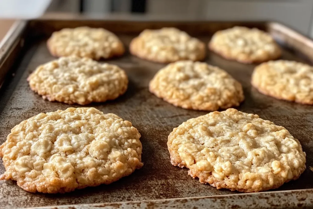 Freshly baked Quaker oatmeal cookie recipe on a rustic wooden baking sheet