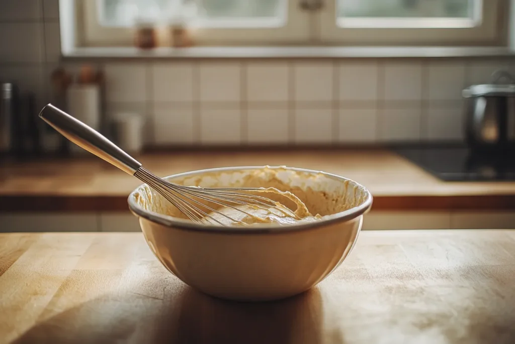 Mixing bowl with Bisquick pancake batter and a whisk