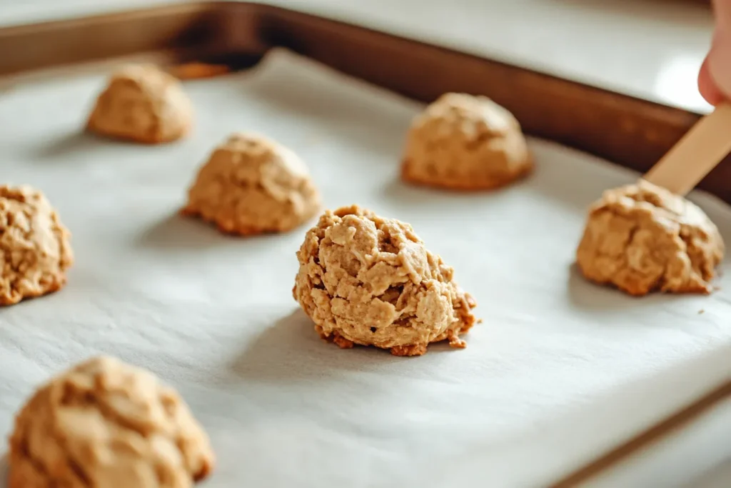 Oatmeal cookie dough being scooped onto a parchment-lined baking sheet for Quaker oatmeal cookie recipe