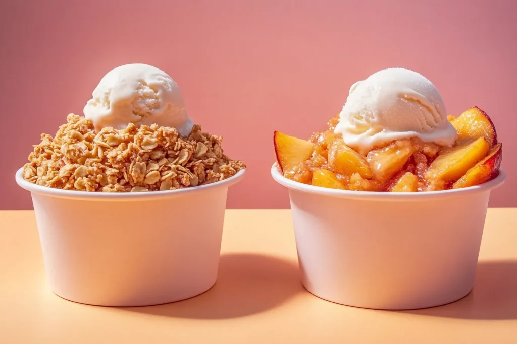 Peach crumble and peach crisp side-by-side with ice cream