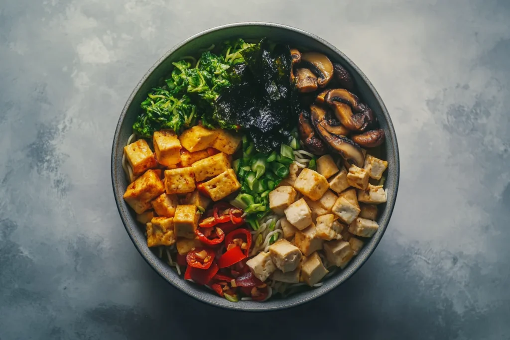 Plant-based ramen bowl with mushrooms, tofu, and vegetables